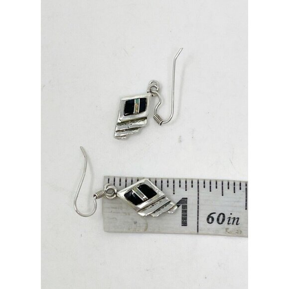 Ervin Hoskie Navajo Native American Sterling Silver Onyx & Opal Inlay Earrings - Picture 6 of 7